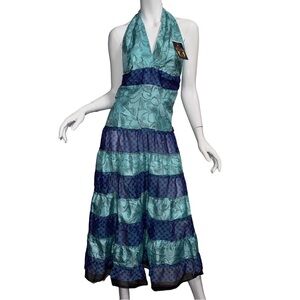 Vintage 90s Deadstock Blue‎ Tiered Halter Dress Mermaid Summer Resort Dopamine